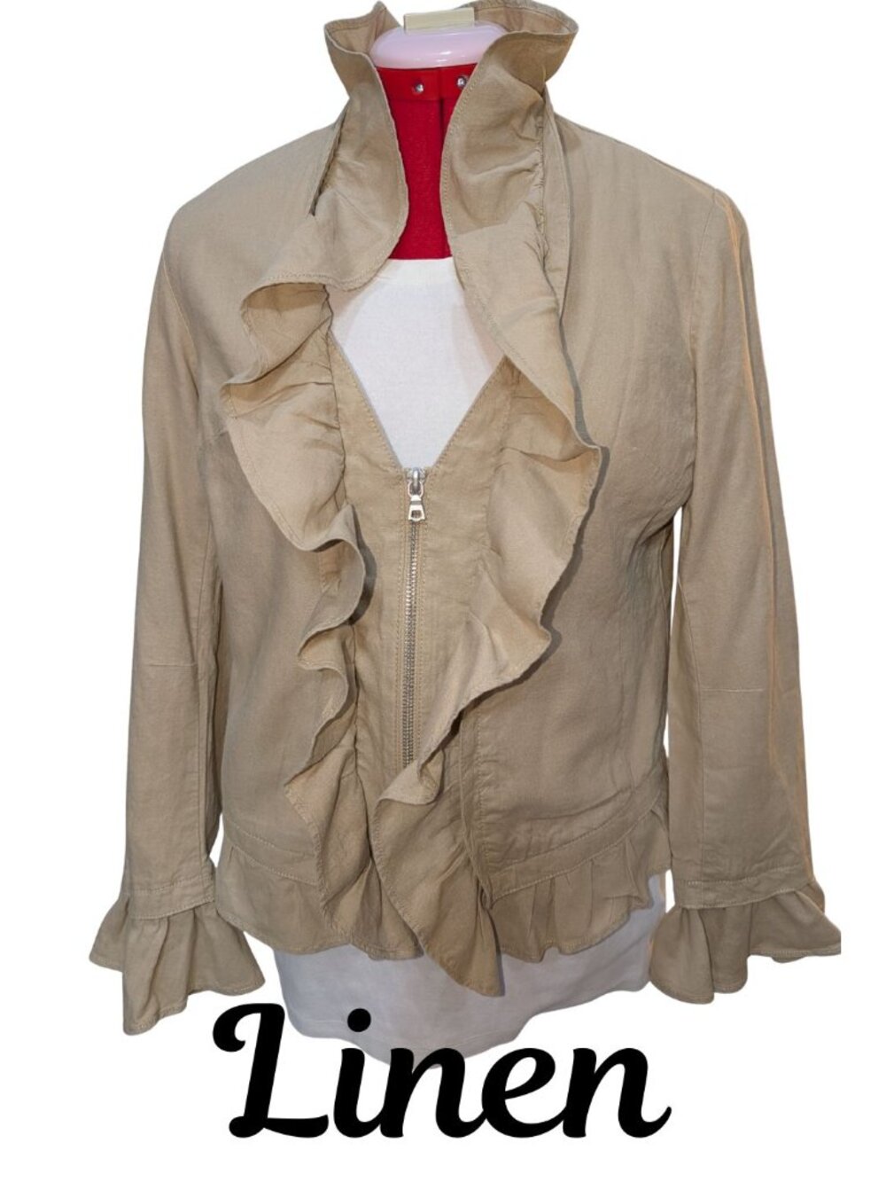 NY&C Linen Blend Ruffle Zipper Jacket
